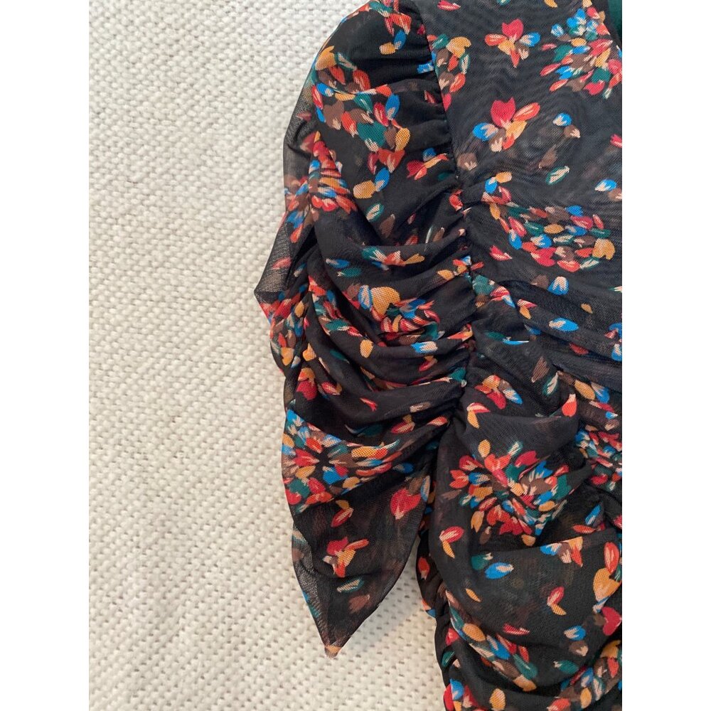 Free People Ruched Mesh Midi Dress Black Floral Slit Small - Picture 6 of 15